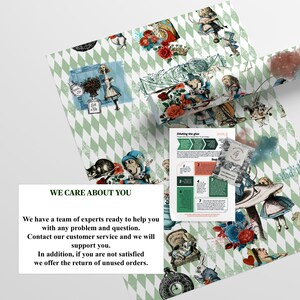 May include: A green and white chequered background with a repeating pattern of Alice in Wonderland characters. The text "We care about you" is written in black on a white rectangle. The text below reads "We have a team of experts ready to help you with any problem and question. Contact our customer service and we will support you. In addition, if you are not satisfied we offer the return of unused orders."