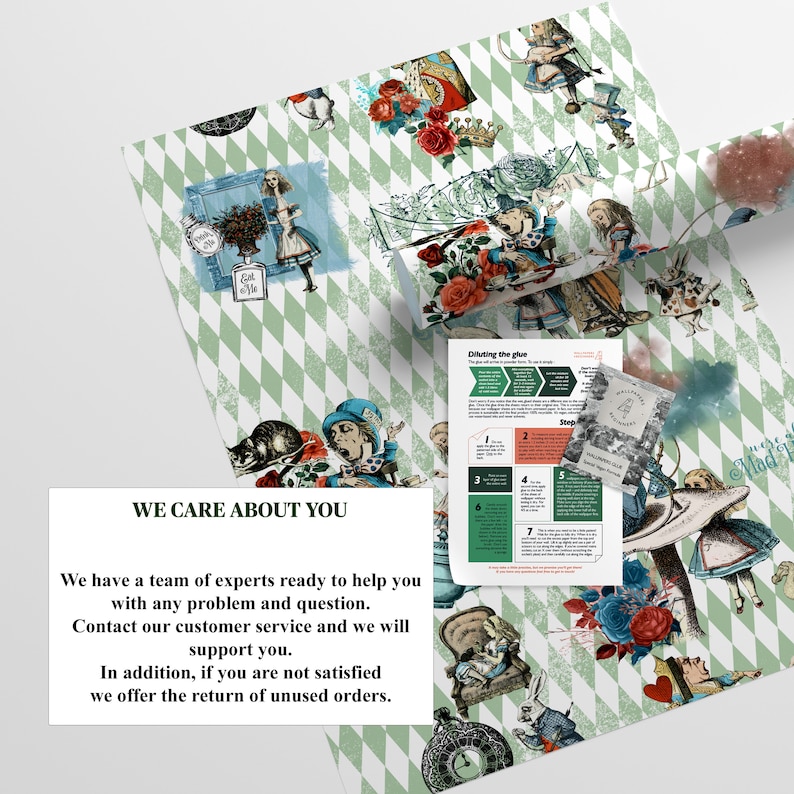 May include: A green and white chequered background with a repeating pattern of Alice in Wonderland characters. The text "We care about you" is written in black on a white rectangle. The text below reads "We have a team of experts ready to help you with any problem and question. Contact our customer service and we will support you. In addition, if you are not satisfied we offer the return of unused orders."