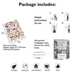 May include: A colorful abstract wallpaper design with a white background. The wallpaper is 27 inches wide and 39 inches tall. The package includes 8 sheets of wallpaper, covering 59 square feet. The package also includes simple instructions for use, special wallpaper glue, and a guide for beginners.