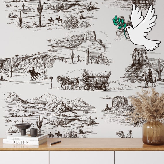 Western Aesthetic Vintage Wallpaper, Desert Wall Decor with Vintage Cowboy and Horses in Retro Comics Style