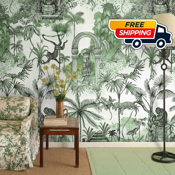 Lost Aztec Civilization Jungle Wallpaper, Extra Large Tropical Rainforest Wall Decor, Exotic Wildlife & Ancient Ruins