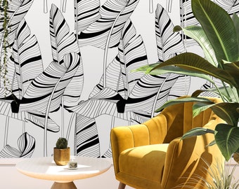 Trendy Black And White Tropical Forest Wallpaper, Dark palm tree leaf Wall Decor, Tropical Banana Leaves Wall Papering