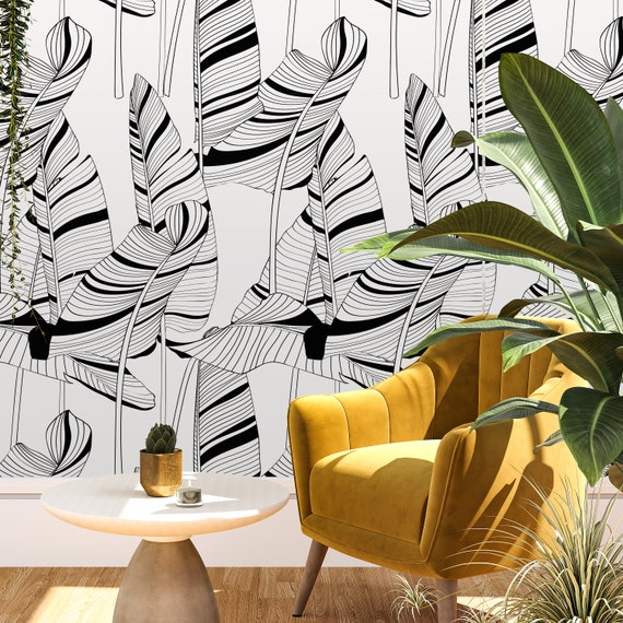 Trendy Black And White Tropical Forest Wallpaper, Dark palm tree leaf Wall Decor, Tropical Banana Leaves Wall Papering