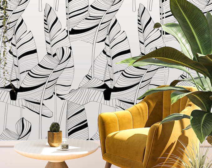 Trendy Black And White Tropical Forest Wallpaper, Dark palm tree leaf Wall Decor, Tropical Banana Leaves Wall Papering