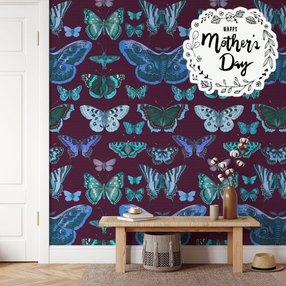 Butterfly Wallpaper for Sage Burgundy Decor, Colorful Butterflies and Moths Dark Background  Wall Decore