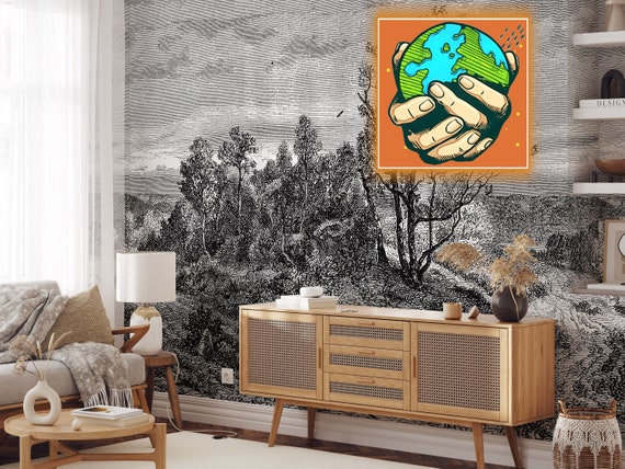 Extra Large Vintage Forest Wallpaper, Landscape in Classic Old Style Trees Wallpaper, Sepia Forest Wall Mural