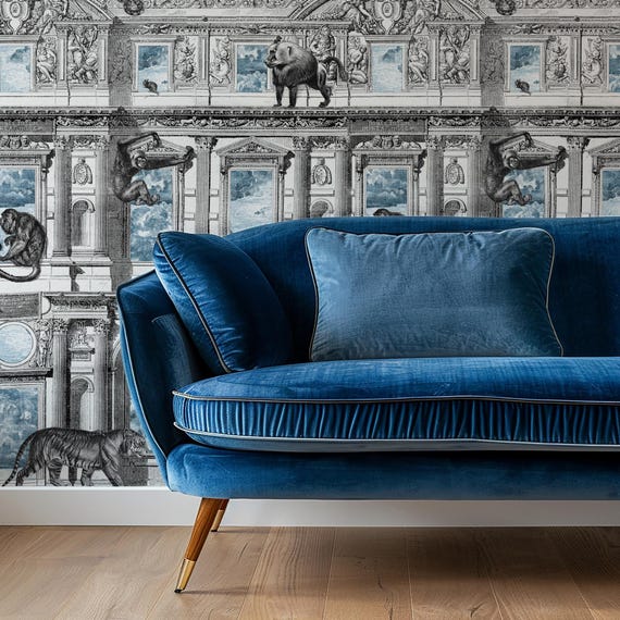 Monkeys Engraved Wallpaper, Vintage Wall Decor, Retro Classic Building Etching Mural for Home & Office
