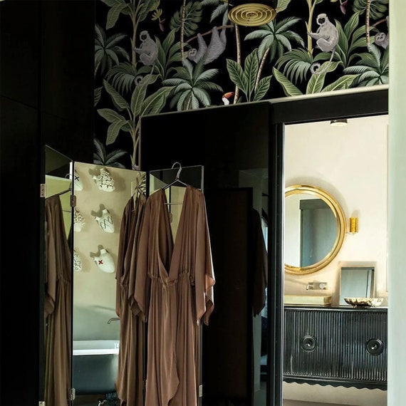 Tropical Jungle Wallpaper with Monkeys and Parrots, Rainforest Animals Accent wall Tropical Decor