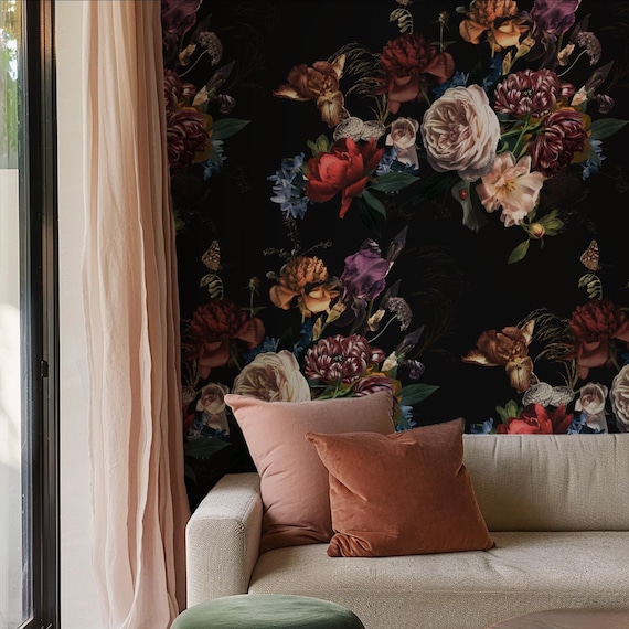 Black Background Flemish Floral Wallpaper – Elegant Dark Dutch Wall Decor for Timeless, Dramatic Statement Home Accent