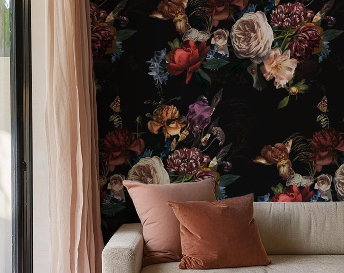 Black Background Flemish Floral Wallpaper – Elegant Dark Dutch Wall Decor for Timeless, Dramatic Statement Home Accent