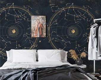 Extra Large Space Constellations with Stars Wallpaper, Dark Night Elegant Wall Decor, Kids Room Wall Art