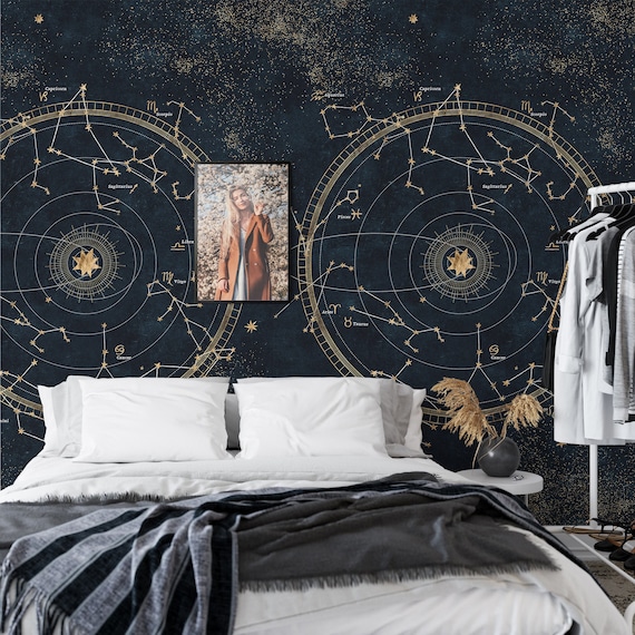 Extra Large Space Constellations with Stars Wallpaper, Dark Night Elegant Wall Decor, Kids Room Wall Art