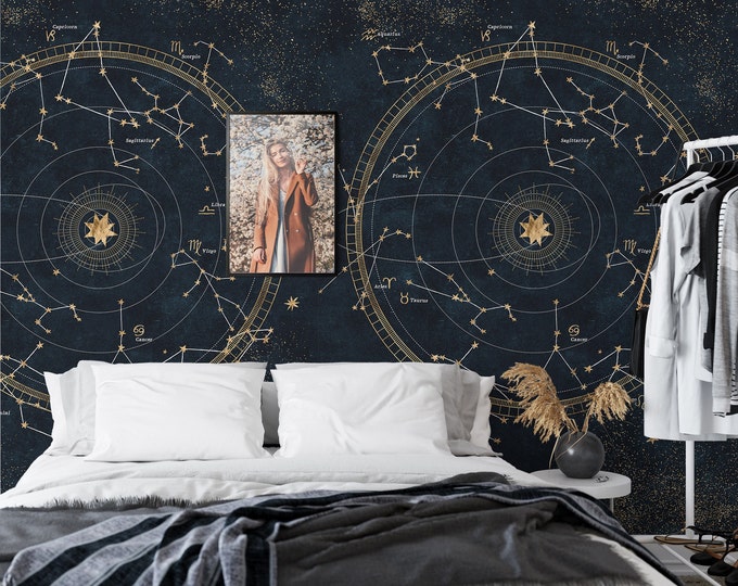 Extra Large Space Constellations with Stars Wallpaper, Dark Night Elegant Wall Decor, Kids Room Wall Art