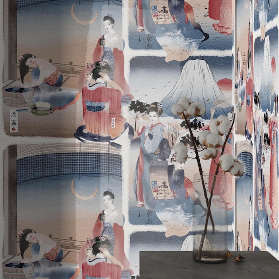 Japanese Geisha Wallpaper, Chinoiserie Japandi Wall Decor, Asian Wallpaper Sheets