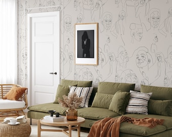 Large Face Line Drawing Wallpaper, Wire Art wall decor Soft Woman Visage, Minimalist Mural Wallpaper