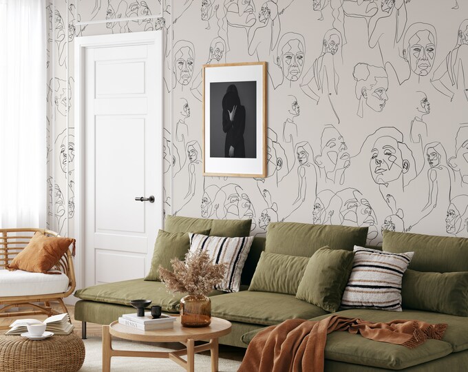 Large Face Line Drawing Wallpaper, Wire Art wall decor Soft Woman Visage, Minimalist Mural Wallpaper