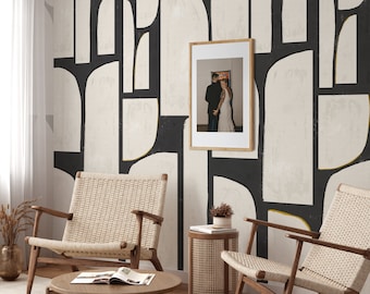 Abstract Arch Wallpaper | Mid-Century Modern Geometric Pattern | Beige Black Gold | Eco-Friendly Italian Handmade