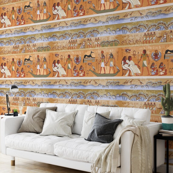 Ancient Egypt Mythology Wallpaper, Egyptian Wall Mural, Mystical Nile, Pyramids and Hieroglyph Writing