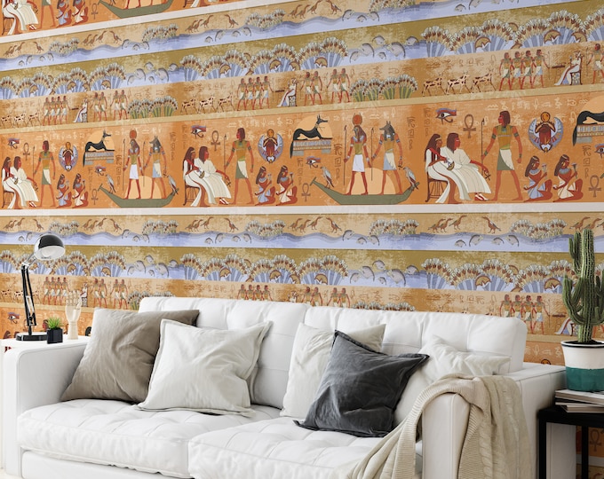 Ancient Egypt Mythology Wallpaper, Egyptian Wall Mural, Mystical Nile, Pyramids and Hieroglyph Writing