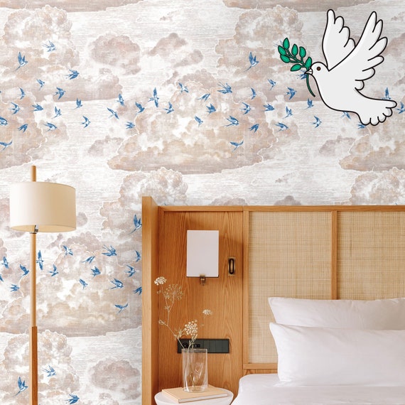 Blue Flying Swallows Wallpaper, Cloudy Sky Temporary Wall Art with Wild Birds Light Wall Decor