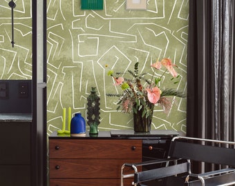 Olive Green Abstract Wallpaper, Contemporary Geometric Pattern, Modern Wall Decor for Living Room and Office