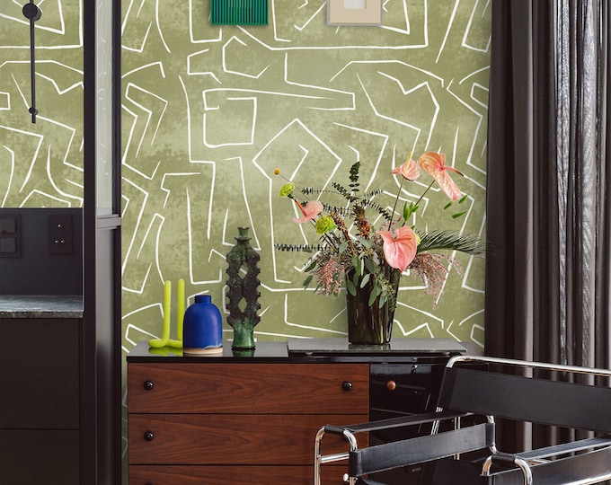 Olive Green Abstract Wallpaper, Contemporary Geometric Pattern, Modern Wall Decor for Living Room and Office