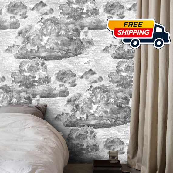 Dreamy Clouds - Handcrafted Etching Wallpaper in Gray and White, Vintage Cloud Wallpaper