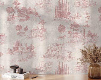 French Vintage Toile Wallpaper: Elegant Monochrome Landscape in Pink - Classic Decor, Vintage Monochrome Landscape Wallpaper.