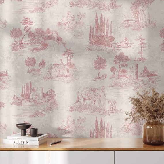 French Vintage Toile Wallpaper: Elegant Monochrome Landscape in Pink - Classic Decor, Vintage Monochrome Landscape Wallpaper.