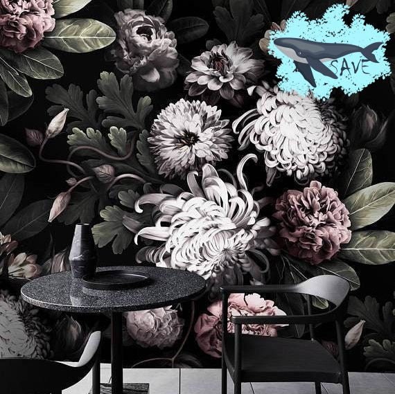Dramatic Floral Wallpaper: White and Pink Flowers on Black Background, Peony Wallpaper for Dark Floral Mural