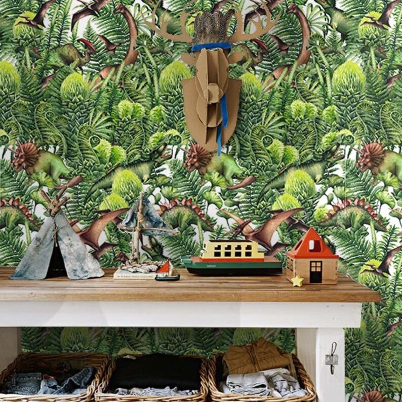 Watercolor Dinosaur Wallpaper for Kids Room, Green Jungle Dino Nursery Wall Decor, Prehistoric Animals Wallpaper image 3