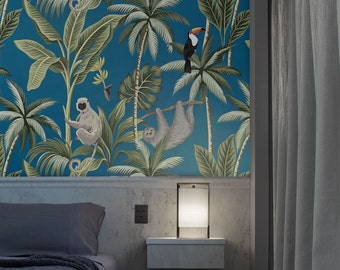 Tropical Jungle Wallpaper - Vibrant Sloth, Toucan, and Palm Design for Exquisite Home Decor