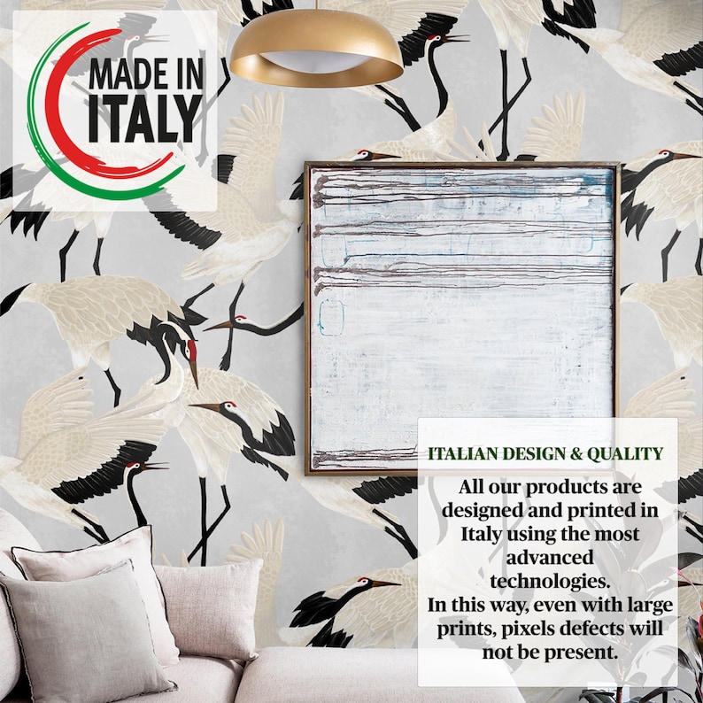 May include: A room with crane-patterned wallpaper in black, white, and red. The image includes a framed abstract painting, a sofa with pillows, and text that reads "MADE IN ITALY" and "ITALIAN DESIGN & QUALITY".