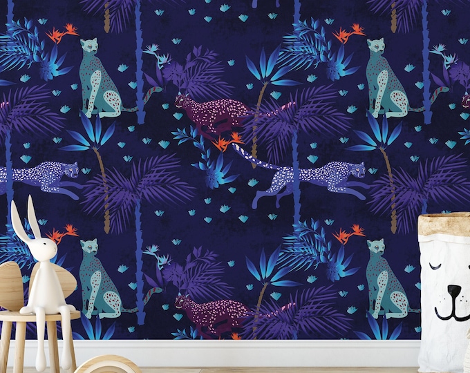 Dark Purple Tropical Plants Wallpaper, Neon Purple Cheetah Wallpaper, Neon Pink and Blue Tropical Leaves Wallpaper
