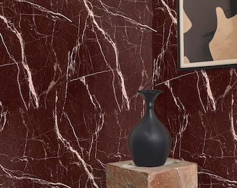 Red Marble Wallpaper, Luxury Faux Stone Wallpaper with Veined Pattern, Elegant Italian Marble Wall Decor