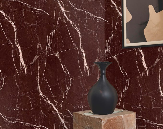 Red Marble Wallpaper, Luxury Faux Stone Wallpaper with Veined Pattern, Elegant Italian Marble Wall Decor