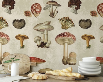 Botanical Print Mushroom Wallpaper, Vintage Illustration Fungi Cottagecore Kitchen Decor, Cottage Wallpaper