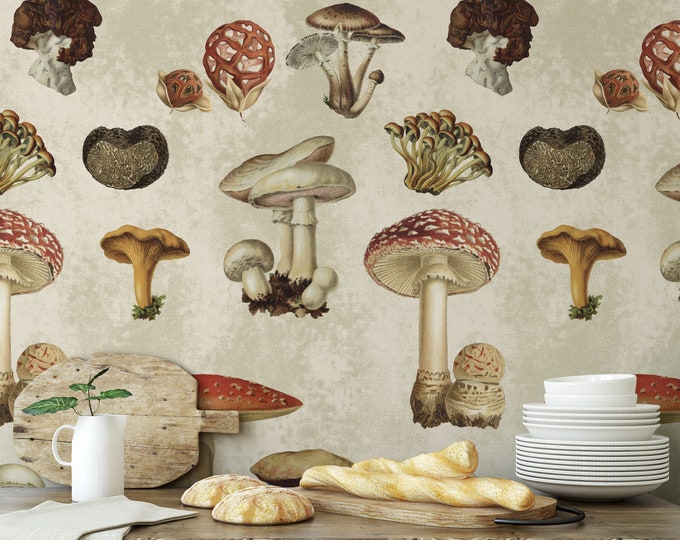 Botanical Print Mushroom Wallpaper, Vintage Illustration Fungi Cottagecore Kitchen Decor, Cottage Wallpaper