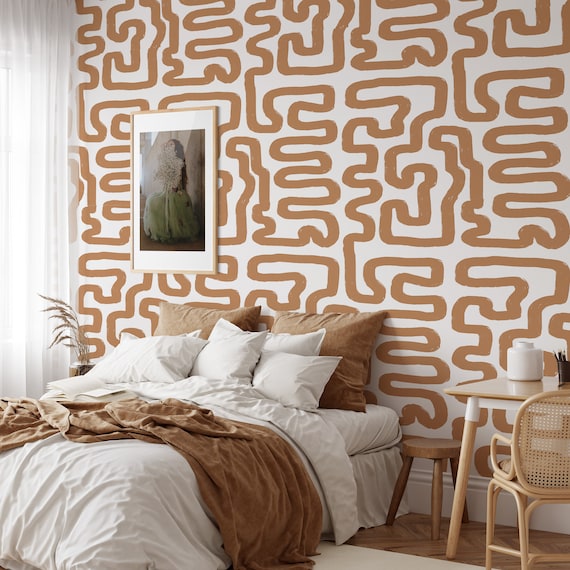 Get Lost in Style with This Gorgeous Beige and White Abstract Maze Wallpaper - Perfect for Creating a Chic and Modern Look in Your Home!