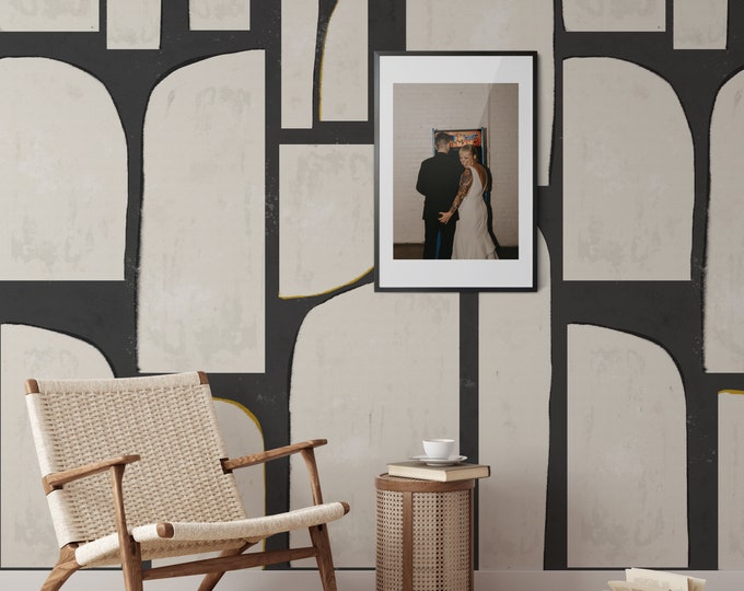 Extra Large Black and White Abstract Wallpaper, Watercolor Minimal Wall Mural, Neutral Tones Wall Paper with Gold