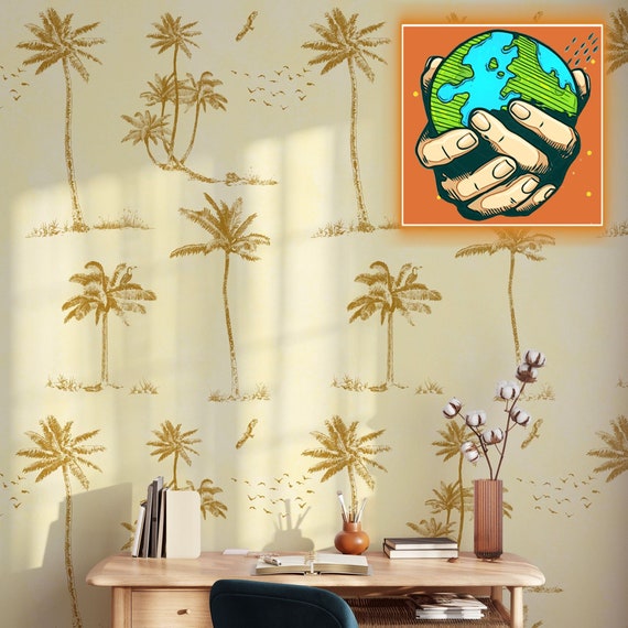 Art Deco Wallpaper with Palms and Birds - Beige and Yellow - Elegant Embroidered Design