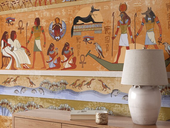 Ancient Egypt Mythology Wallpaper, Egyptian Wall Mural, Mystical Nile, Pyramids and Hieroglyph Writing