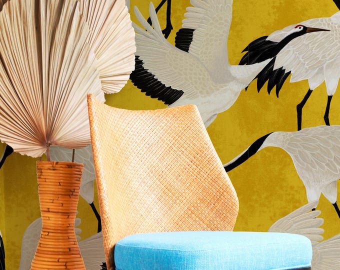 Golden Heron Japanese Print Wallpaper, Gold Chinoiserie Asian Birds Wall Art, Vintage Crane Removable Wall Decor
