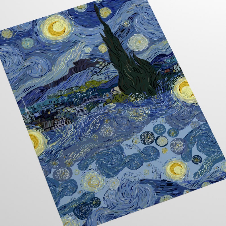 May include: A painting of a starry night sky with a large, swirling moon and a dark, tall tree in the foreground. The sky is a deep blue with white and yellow stars. The tree is silhouetted against the sky.