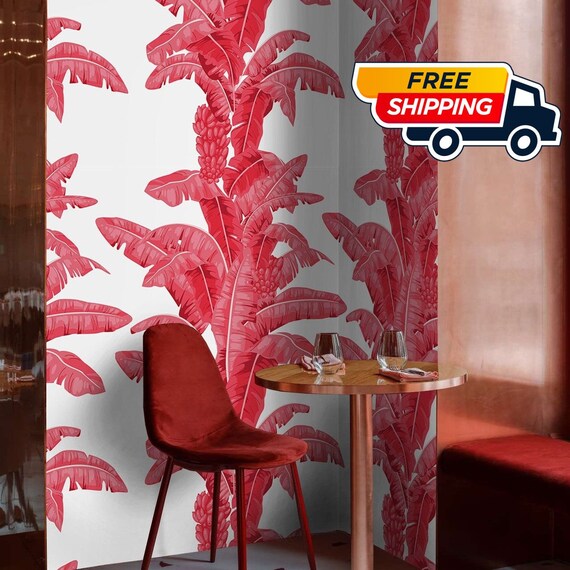 Tropical Palm Leaf Wallpaper in Red and White, Banana Leaves Decor Accent Feature Wall