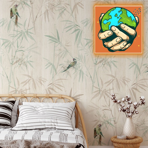 Bamboo Forest Chinoiserie Wallpaper, Asian Decor with Parrots, Japanese wall art, Japandi Oriental Wall Decor