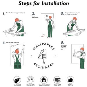 Puede incluir: Una gu&iacute;a ilustrada titulada "Pasos para la instalaci&oacute;n" muestra el proceso de aplicaci&oacute;n del papel pintado. Los pasos incluyen la aplicaci&oacute;n de pegamento, pegar el papel y alisar las burbujas de aire. La imagen tambi&eacute;n incluye iconos para ecol&oacute;gico, extra&iacute;ble, f&aacute;cil instalaci&oacute;n, f&aacute;cil bricolaje y seguridad.