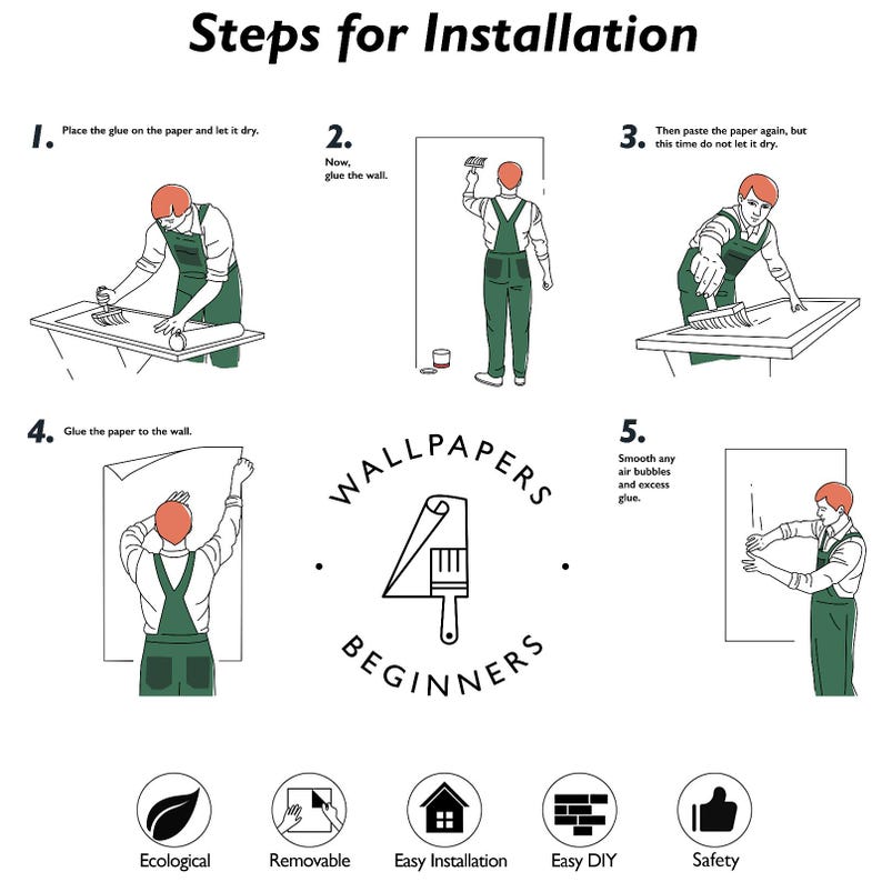 Puede incluir: Una gu&iacute;a ilustrada titulada "Pasos para la instalaci&oacute;n" muestra el proceso de aplicaci&oacute;n del papel pintado. Los pasos incluyen la aplicaci&oacute;n de pegamento, pegar el papel y alisar las burbujas de aire. La imagen tambi&eacute;n incluye iconos para ecol&oacute;gico, extra&iacute;ble, f&aacute;cil instalaci&oacute;n, f&aacute;cil bricolaje y seguridad.