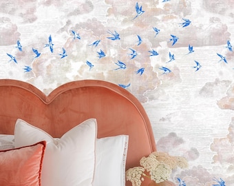 Blue Flying Swallows Wallpaper, Cloudy Sky Temporary Wall Art with Wild Birds Light Wall Decor