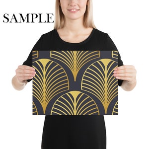 May include: A black and gold art print with a geometric pattern of overlapping fan shapes. The print features a repeating design of gold fans on a black background.